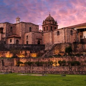 The Koricancha temple complex in Cusco, Peru, showing the Inca stone foundations beneath the colonial Church and Convent of Santo Domingo.