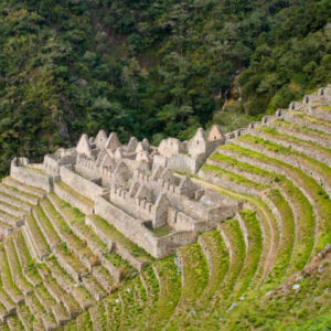 Terraced Inca ruins of Wiñay Wayna perched on a lush green mountainside, with stone structures and stairways overlooking the cloud forest.