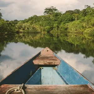 View from the bow of a wooden boat, gliding on a calm, reflective river through the dense Amazon rainforest in Peru.