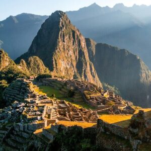 The ruins of Machu Picchu at sunrise.