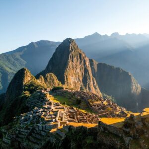 The ruins of Machu Picchu at sunrise.