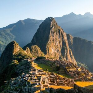 The ruins of Machu Picchu at sunrise.